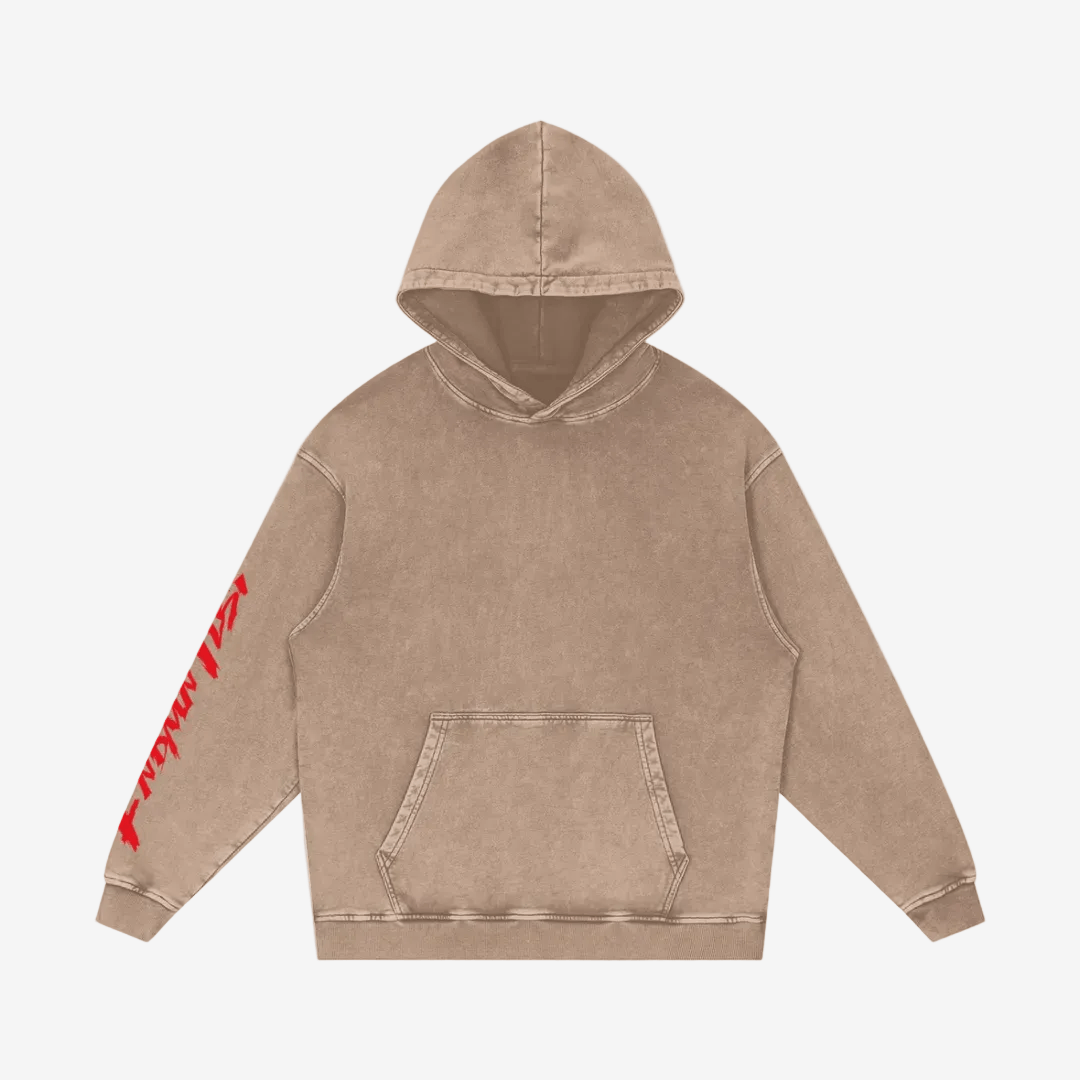 Tan snow washed cotton oversized hoodie with red sleeve print and front pocket, offering a relaxed fit for everyday wear.
