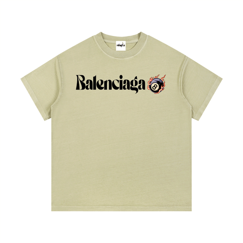 Beige Balenciaga Vintage Wash Cotton T-Shirt with visible neck label, bold logo, and flaming 8-ball graphic for casual fashion.
