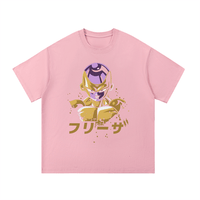 Frieza Essential Cotton T-Shirt in pink showcasing anime character design and Japanese text. Unisex cotton tee perfect for casual style.