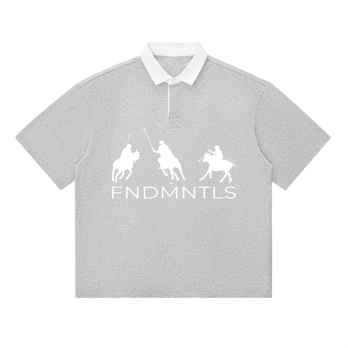 Gray contrast polo shirt with white collar and FNDMNTLS logo, unisex short sleeve cotton blend ideal for casual wear.