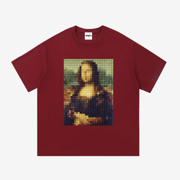 Maroon t-shirt with a pixelated Mona Lisa design on a white background