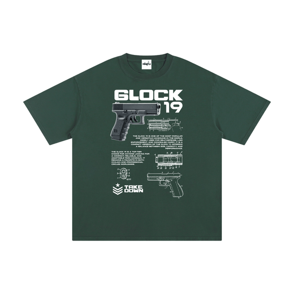 Dark green Glock 19 unisex cotton t-shirt with firearm blueprint and bold white text, designed for casual tactical fashion.