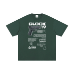 Dark green Glock 19 unisex cotton t-shirt with firearm blueprint and bold white text, designed for casual tactical fashion.