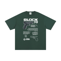 Dark green Glock 19 unisex cotton t-shirt with firearm blueprint and bold white text, designed for casual tactical fashion.