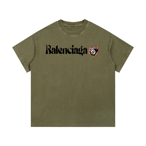 Balenciaga Vintage Wash Cotton T-Shirt in olive green with black logo and flaming 8-ball print, ideal for relaxed summer outfits.