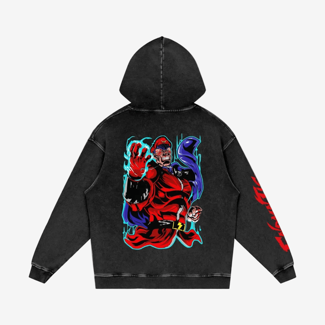 Back view of black cotton oversized hoodie with vibrant M. Bison artwork, showcasing snow washed texture and relaxed fit.