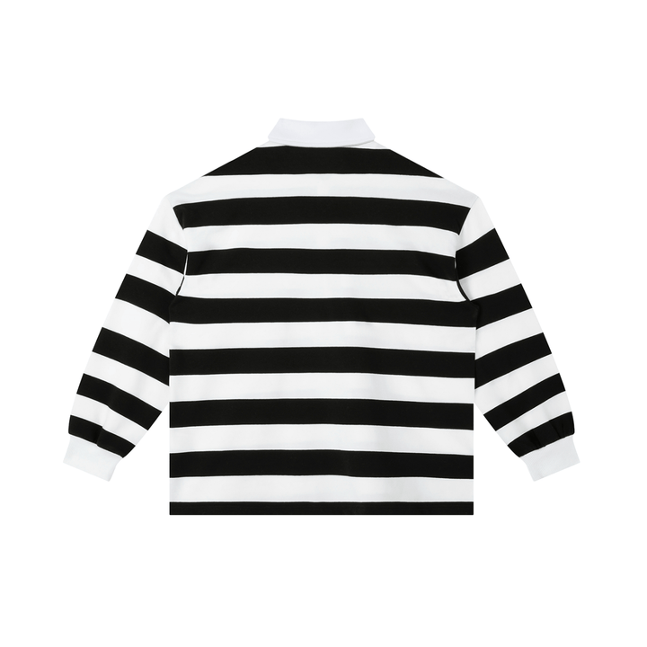 Back view of black and white Color Block Stripe Polo Shirt showing horizontal stripes and clean finish, made for casual comfort.