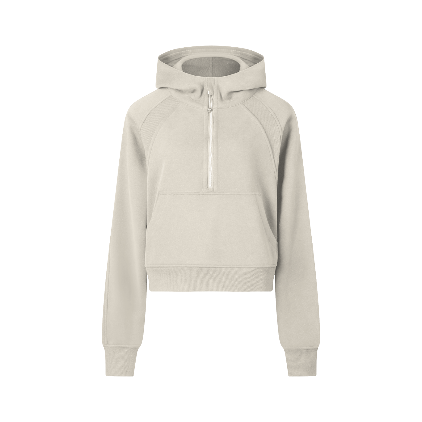 Cropped half-zip hoodie for women in beige, featuring a sporty design with front pocket and ribbed cuffs, ideal for gym or casual wear.