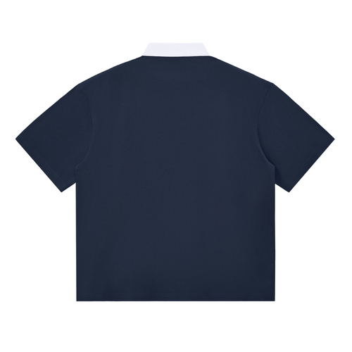 Back view of navy blue contrast polo shirt with white collar, short sleeve unisex cotton blend for daily comfort.