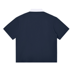 Back view of navy blue contrast polo shirt with white collar, short sleeve unisex cotton blend for daily comfort.