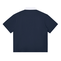Back view of navy blue contrast polo shirt with white collar, short sleeve unisex cotton blend for daily comfort.
