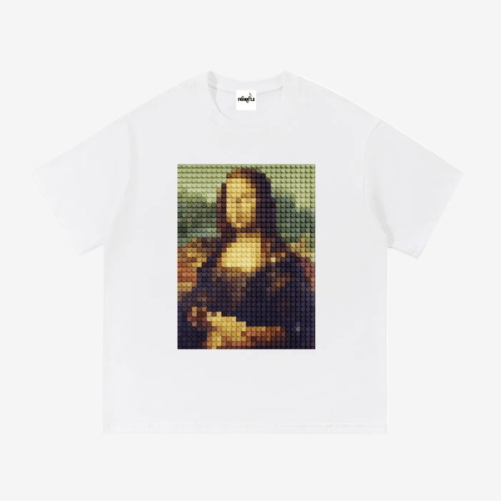 White t-shirt with Mona Lisa made of building blocks on a white background
