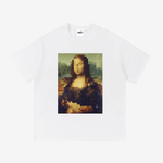 White t-shirt with Mona Lisa made of building blocks on a white background