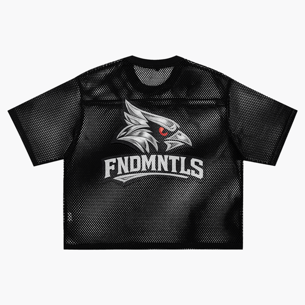 Back of black Chrome Cardinals Boxy Net T-shirt featuring fierce cardinal head graphic and bold FNDMNTLS text. Ideal for casual wear.