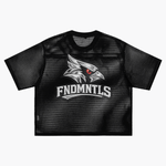 Back of black Chrome Cardinals Boxy Net T-shirt featuring fierce cardinal head graphic and bold FNDMNTLS text. Ideal for casual wear.