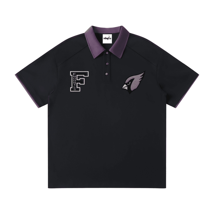Black unisex polo shirt with purple contrast collar and embroidered F and cardinal logos