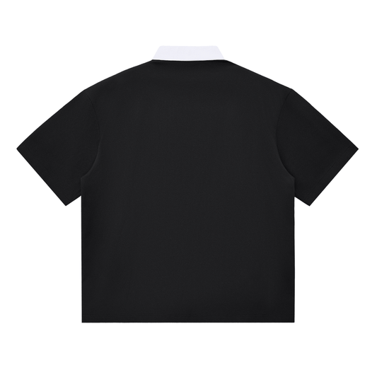 Back view of black contrast polo shirt with white collar, short sleeve unisex cotton blend for daily casual outfits.