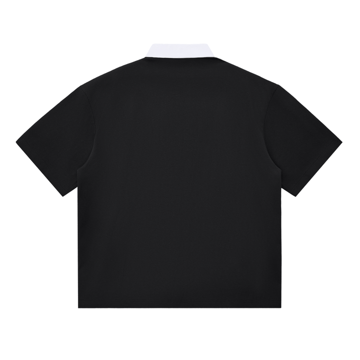 Back view of black contrast polo shirt with white collar, short sleeve unisex cotton blend for daily casual outfits.