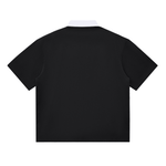Back view of black contrast polo shirt with white collar, short sleeve unisex cotton blend for daily casual outfits.