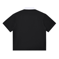 Back view of black contrast polo shirt with white collar, short sleeve unisex cotton blend for daily casual outfits.