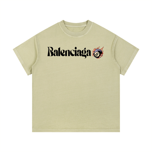 Balenciaga Vintage Wash Cotton T-Shirt in beige with bold logo and flaming 8-ball graphic, ideal for casual summer wear.
