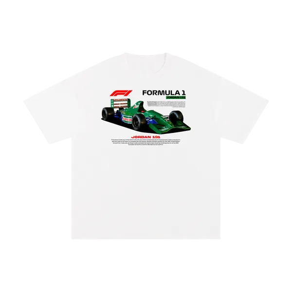 White Formula 1 Pure Cotton T-Shirt featuring Jordan 191 race car graphic. Unisex, loose fit ideal for casual spring and summer wear.