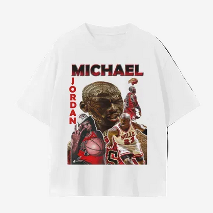 White t-shirt with Michael Jordan graphic design on a white background