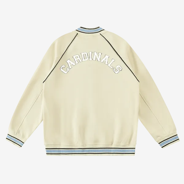 Chrome Cardinal Contrast Trim Raglan Varsity Jacket by Shop FNDMNTLS - Varsity Jackets, Chrome Cardinals, fleeced