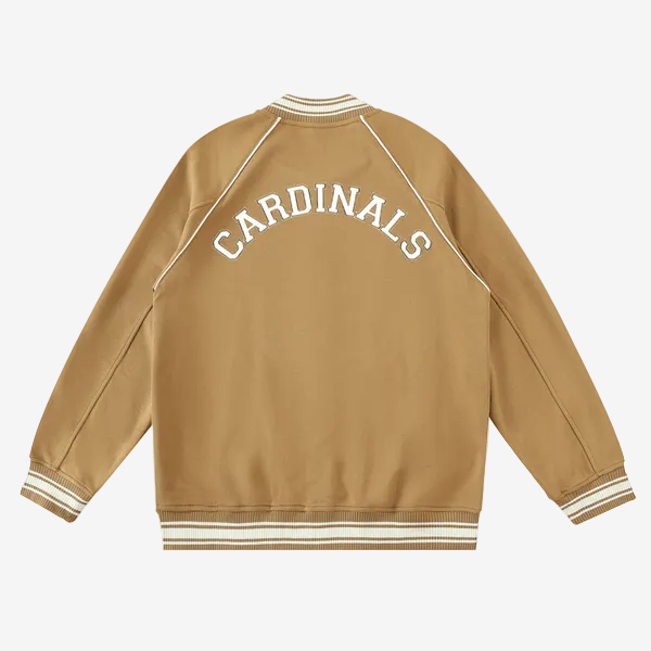 Chrome Cardinal Contrast Trim Raglan Varsity Jacket by Shop FNDMNTLS - Varsity Jackets, Chrome Cardinals, fleeced