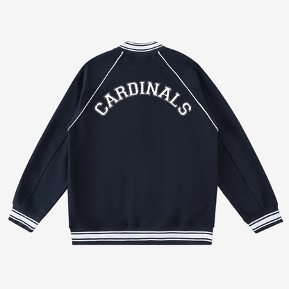 Chrome Cardinal Contrast Trim Raglan Varsity Jacket by Shop FNDMNTLS - Varsity Jackets, Chrome Cardinals, fleeced