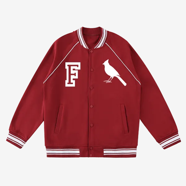 Chrome Cardinal Contrast Trim Raglan Varsity Jacket by Shop FNDMNTLS - Varsity Jackets, Chrome Cardinals, fleeced