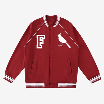 Chrome Cardinal Contrast Trim Raglan Varsity Jacket by Shop FNDMNTLS - Varsity Jackets, Chrome Cardinals, fleeced