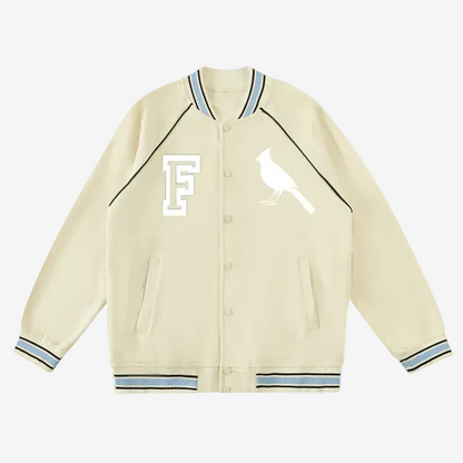 Chrome Cardinal Contrast Trim Raglan Varsity Jacket by Shop FNDMNTLS - Varsity Jackets, Chrome Cardinals, fleeced