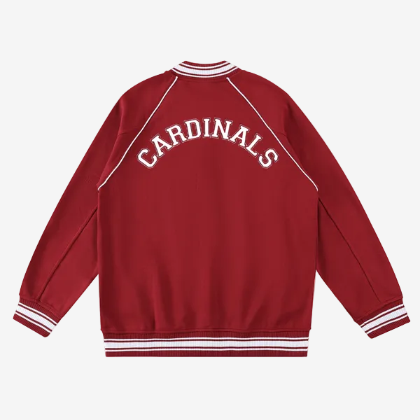 Chrome Cardinal Contrast Trim Raglan Varsity Jacket by Shop FNDMNTLS - Varsity Jackets, Chrome Cardinals, fleeced