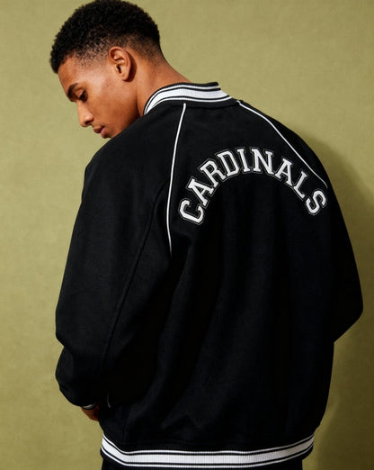 Chrome Cardinal Contrast Trim Raglan Varsity Jacket by Shop FNDMNTLS - Varsity Jackets, Chrome Cardinals, fleeced
