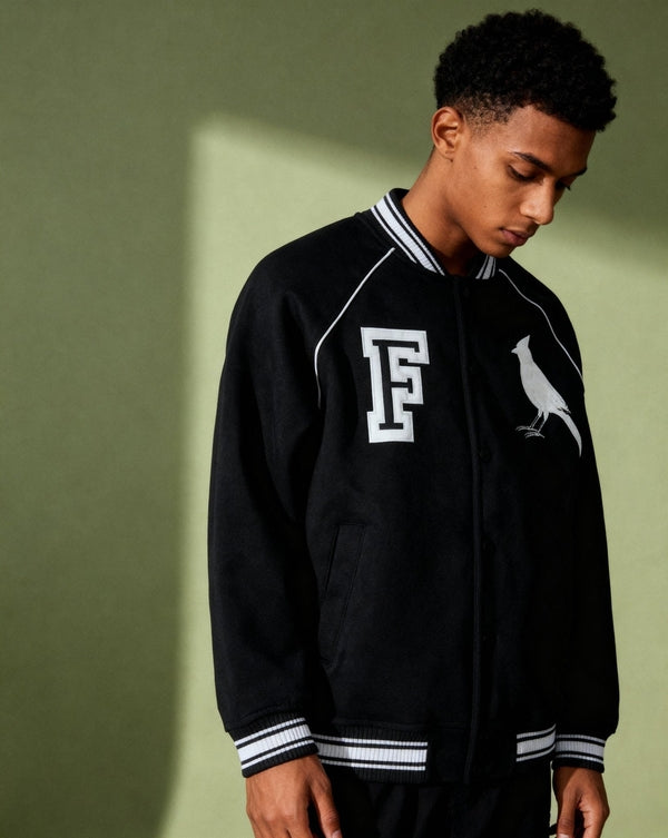Chrome Cardinal Contrast Trim Raglan Varsity Jacket by Shop FNDMNTLS - Varsity Jackets, Chrome Cardinals, fleeced