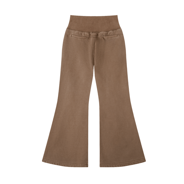 Back view of brown Vintage Washed Flared Fleece Pants showing faux back pockets and flared hem for a retro-inspired style.