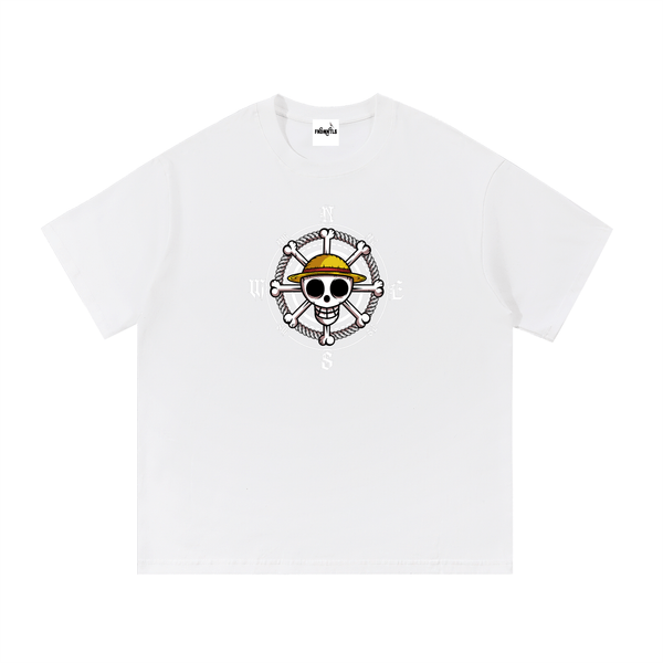 White One Piece Essential Cotton T-Shirt with branded label and bold anime compass skull graphic, ideal for fans and casual wear.