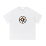 White One Piece Essential Cotton T-Shirt with branded label and bold anime compass skull graphic, ideal for fans and casual wear.