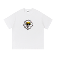 White One Piece Essential Cotton T-Shirt with branded label and bold anime compass skull graphic, ideal for fans and casual wear.
