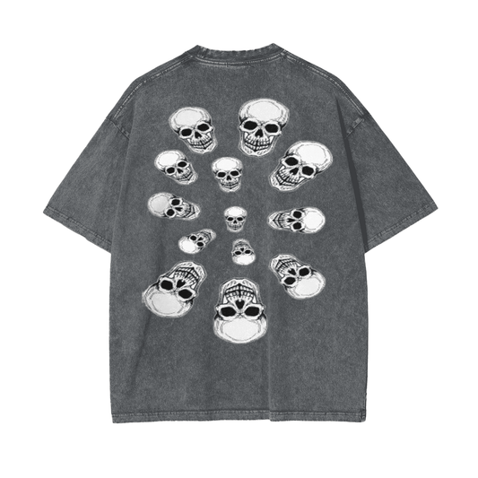 Oversized pirate black T-shirt with white skull graphic design for casual wear back view