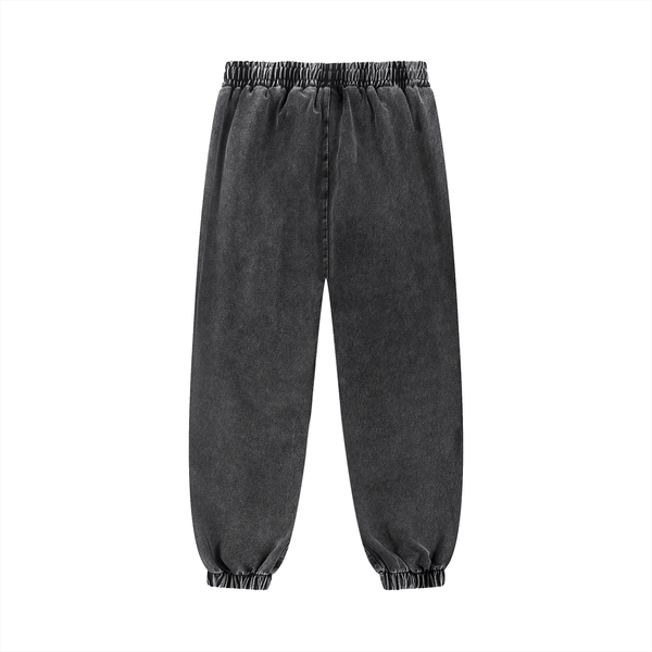Back view of charcoal black unisex snow wash sweatpants featuring elastic waistband and cuffs. Comfortable cotton blend for everyday use.