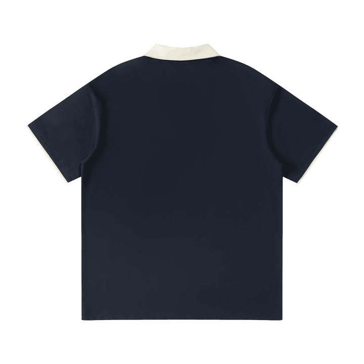 Back of the dark blue unisex polo shirt with contrast collar and embroidered F and cardinal logos