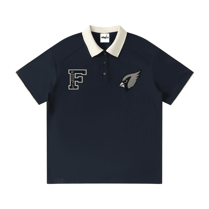 Dark blue unisex polo shirt with contrast collar and embroidered F and cardinal logos