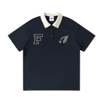 Dark blue unisex polo shirt with contrast collar and embroidered F and cardinal logos