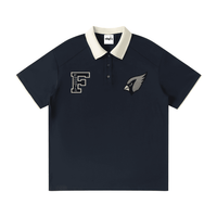 Dark blue unisex polo shirt with contrast collar and embroidered F and cardinal logos