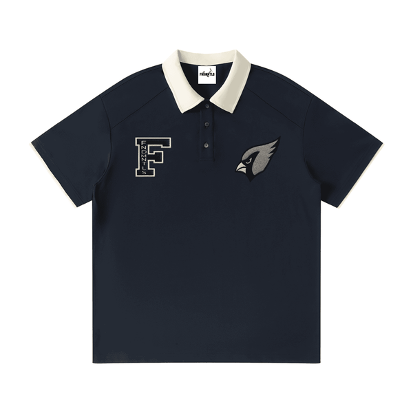 Dark blue unisex polo shirt with contrast collar and embroidered F and cardinal logos