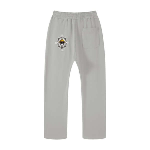 Light gray One Piece unisex casual straight leg pants featuring compass skull logo on back, ideal for streetwear enthusiasts.