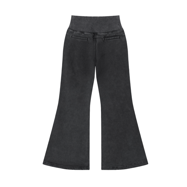 Back view of black Vintage Washed Flared Fleece Pants featuring faux back pockets and flared leg design for a relaxed fit.