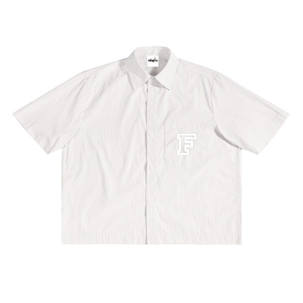 White short-sleeve shirt with a small logo on a white background
